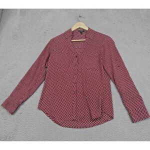 Express Polka Dot Shirt Womens XS Red Button Front‎ Roll Tab Sleeve Corpcore